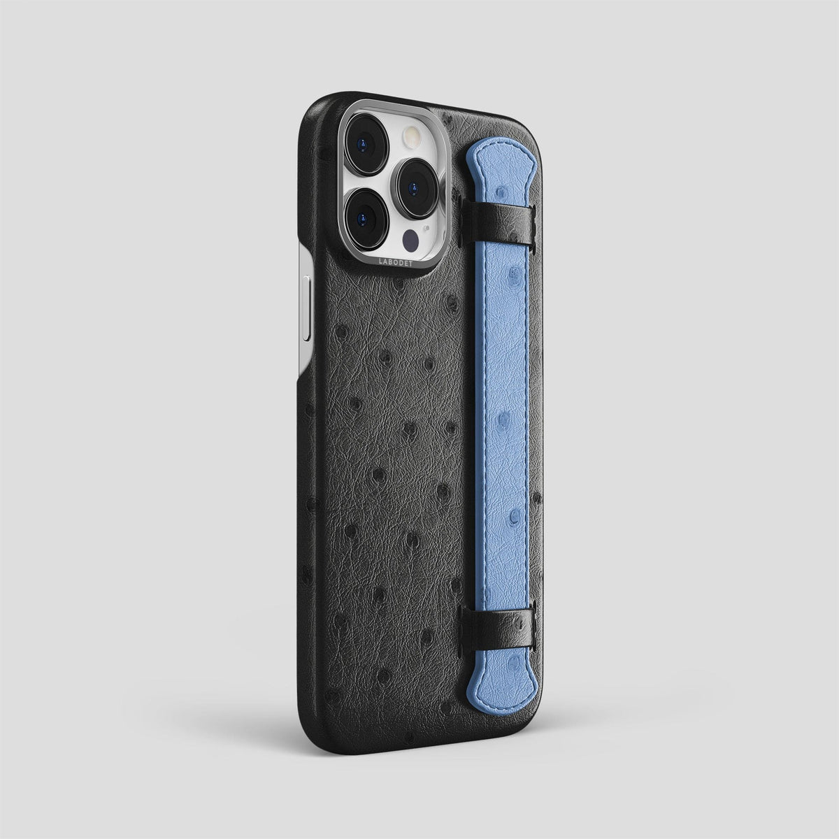 Black-Navy-Blue iPhone 13 Pro Max Handle Case Colore Ostrich with Steel Metal -2 | Black-Navy-Blue-Steel