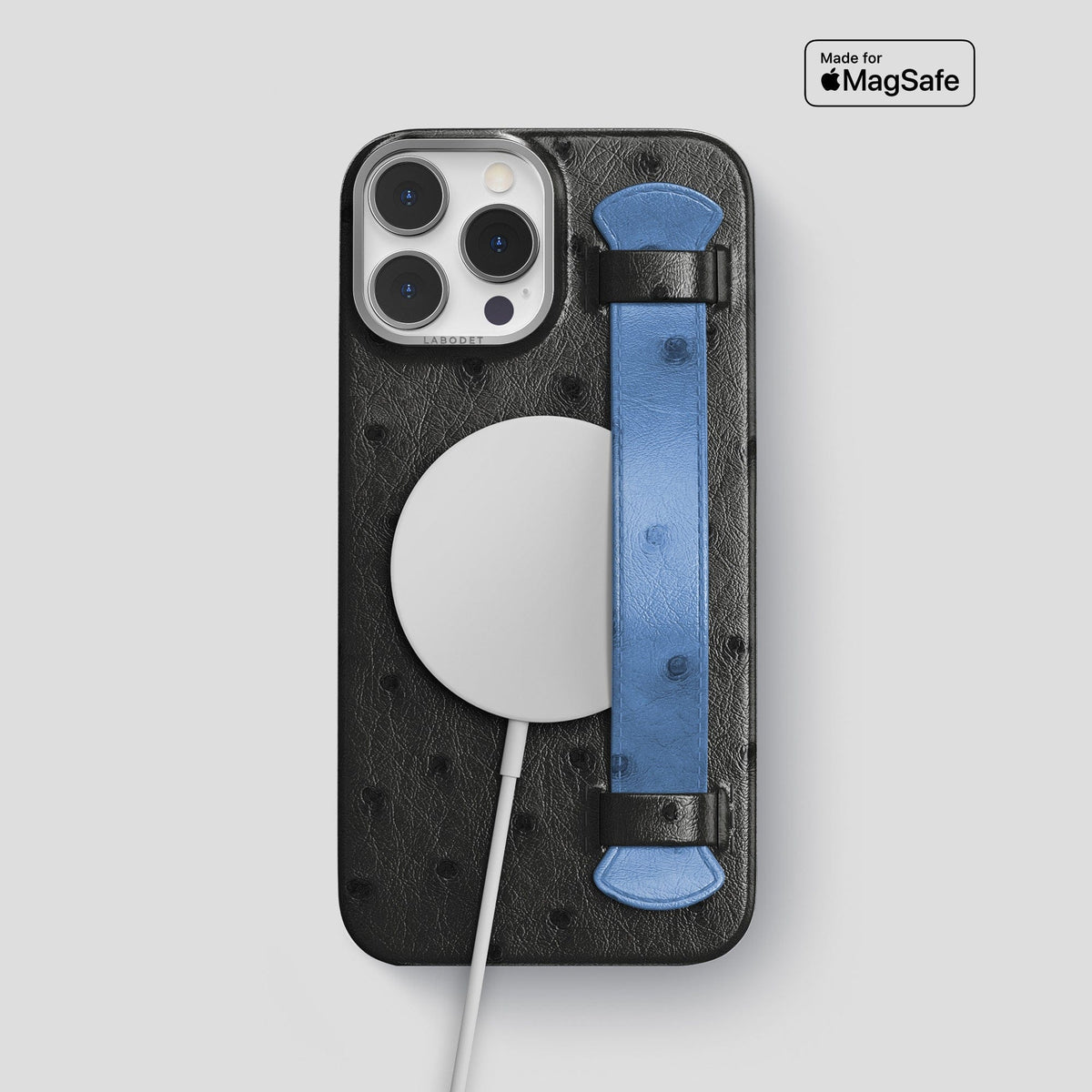 Black-Navy-Blue iPhone 13 Pro Max Handle Case Colore Ostrich with Steel Metal -5 | Black-Navy-Blue-Steel