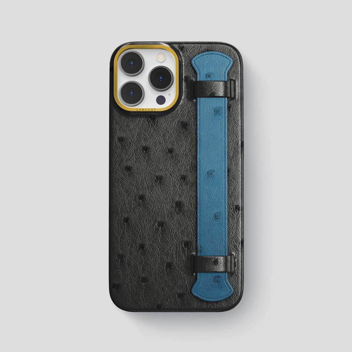 Black-Blue-Jeans iPhone 13 Pro Max Handle Case Colore Ostrich with Gold Metal -1 | Black-Blue-Jeans-Gold