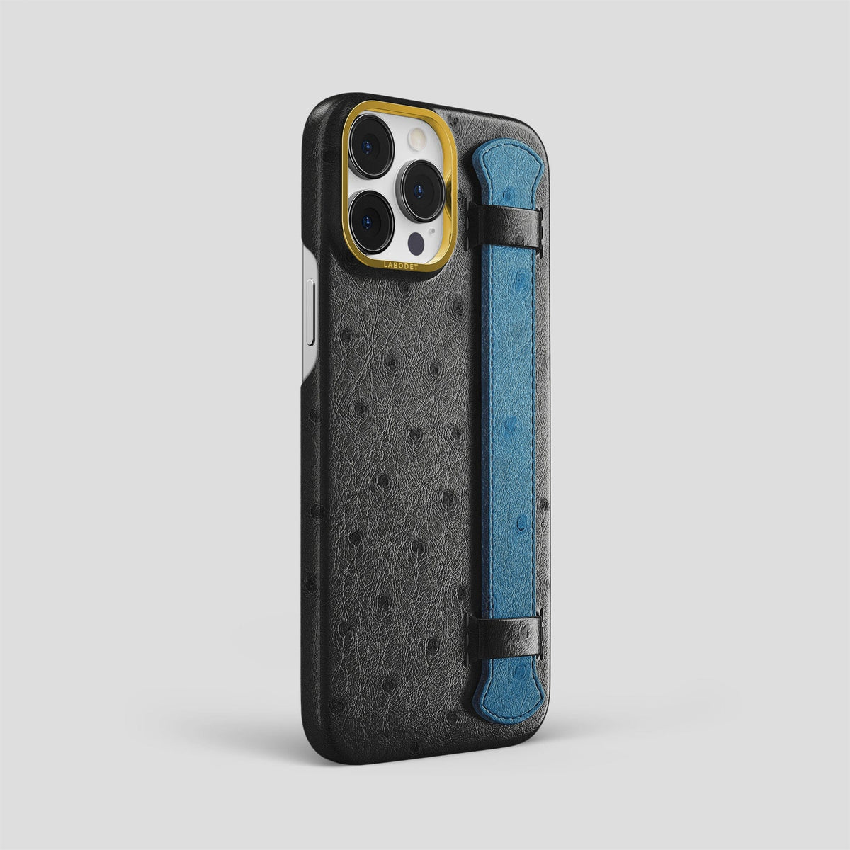Black-Blue-Jeans iPhone 13 Pro Max Handle Case Colore Ostrich with Gold Metal -2 | Black-Blue-Jeans-Gold