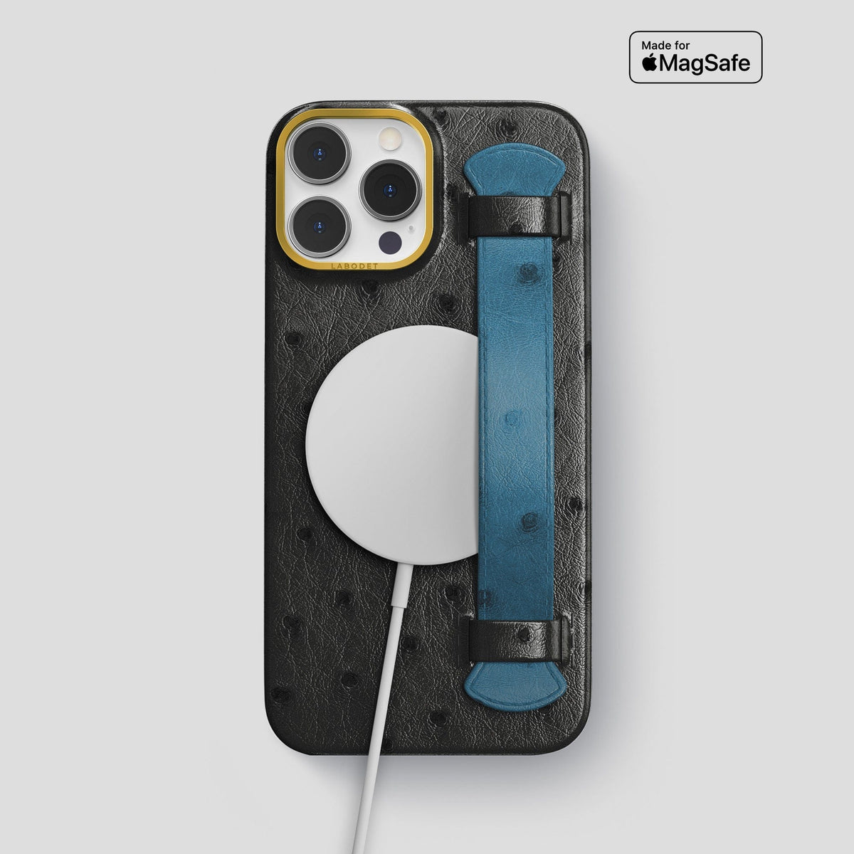 Black-Blue-Jeans iPhone 13 Pro Max Handle Case Colore Ostrich with Gold Metal -5 | Black-Blue-Jeans-Gold