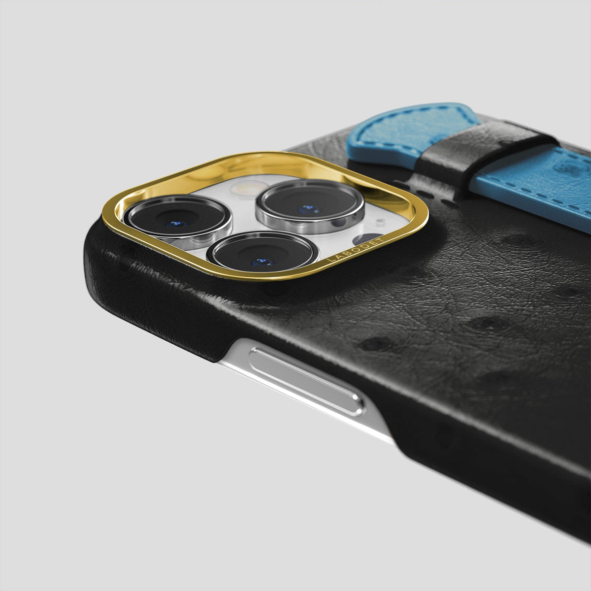 Black-Blue-Jeans iPhone 13 Pro Max Handle Case Colore Ostrich with Gold Metal -6 | Black-Blue-Jeans-Gold