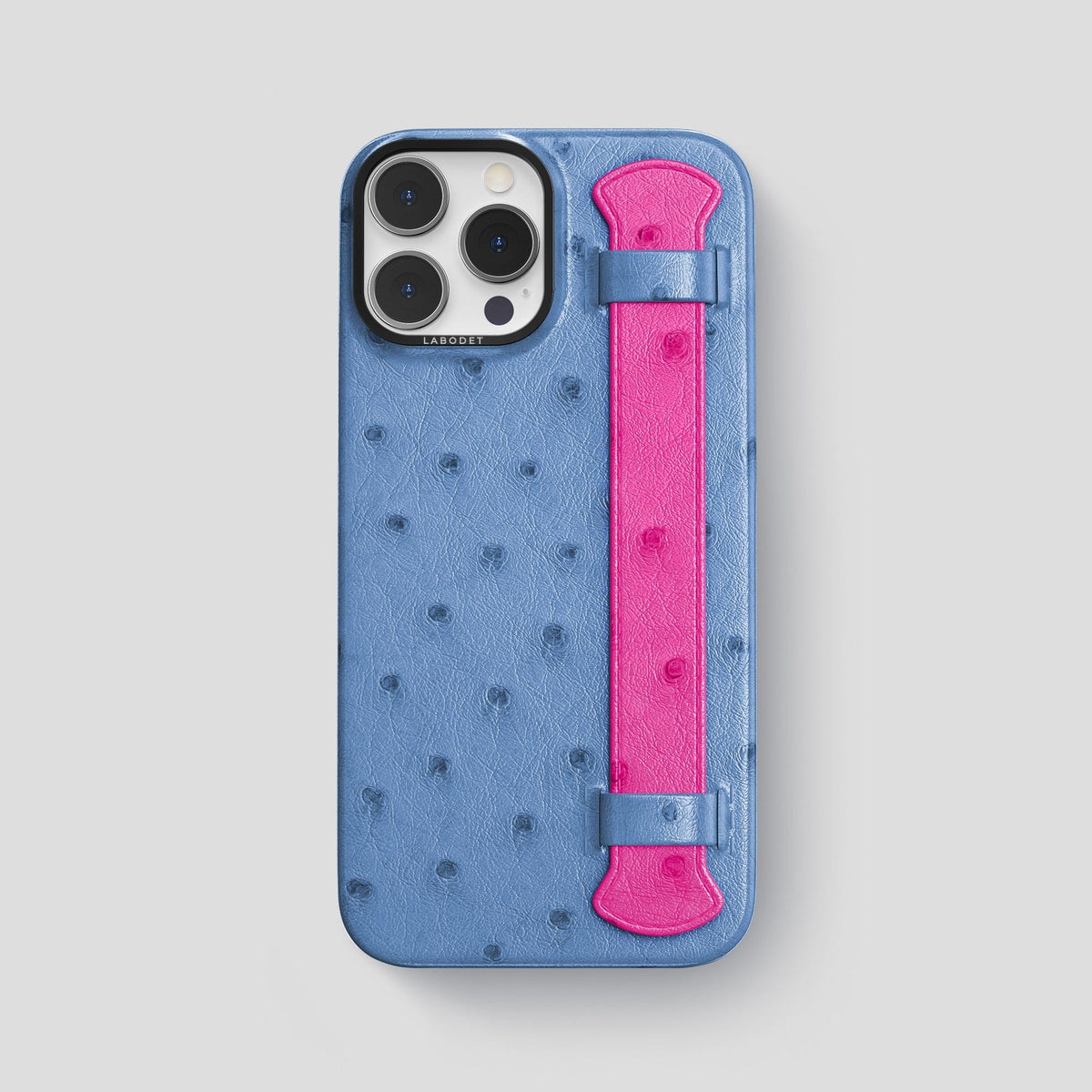 Navy-Blue-Fuchsia iPhone 13 Pro Max Handle Case Colore Ostrich with Black Metal -1 | Navy-Blue-Fuchsia-Black