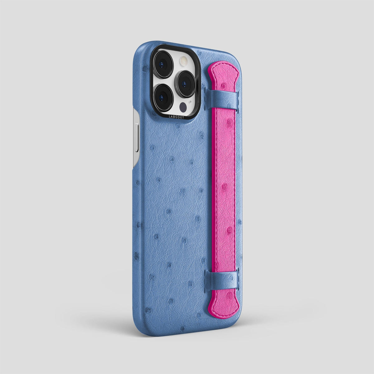 Navy-Blue-Fuchsia iPhone 13 Pro Max Handle Case Colore Ostrich with Black Metal -2 | Navy-Blue-Fuchsia-Black
