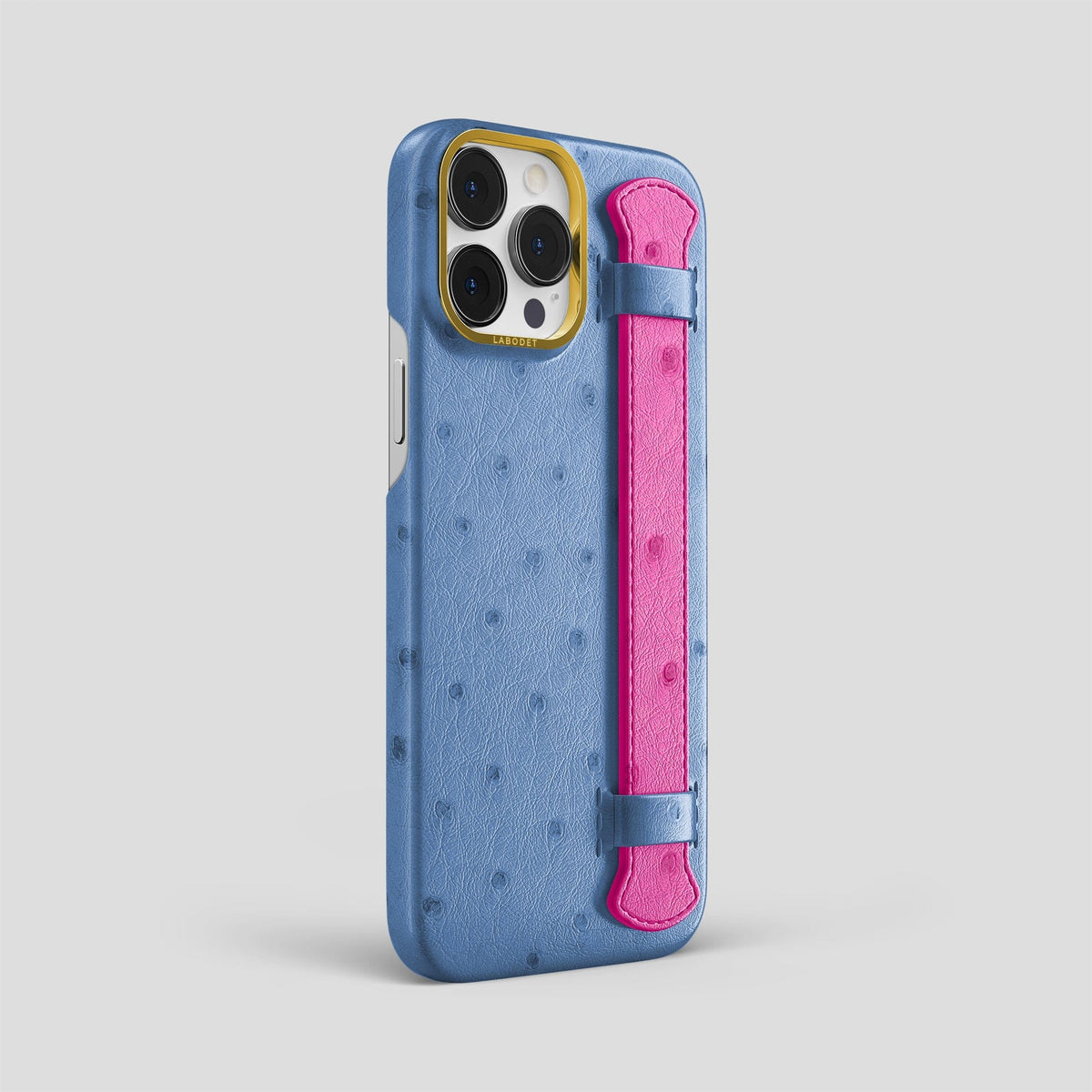 Navy-Blue-Fuchsia iPhone 13 Pro Max Handle Case Colore Ostrich with Gold Metal -2 | Navy-Blue-Fuchsia-Gold