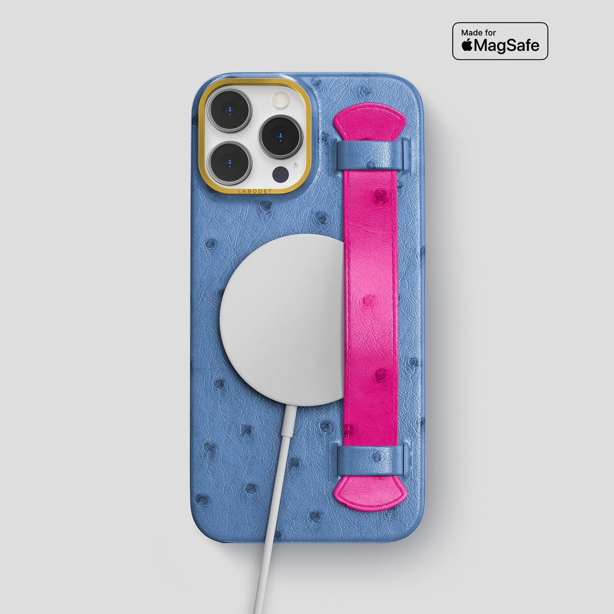 Navy-Blue-Fuchsia iPhone 13 Pro Max Handle Case Colore Ostrich with Gold Metal -5 | Navy-Blue-Fuchsia-Gold