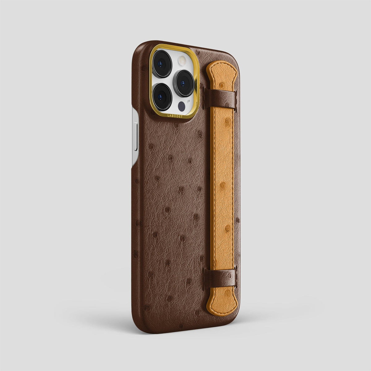 Chocolate-Chestnut iPhone 13 Pro Max Handle Case Colore Ostrich with Gold Metal -2 | Chocolate-Chestnut-Gold