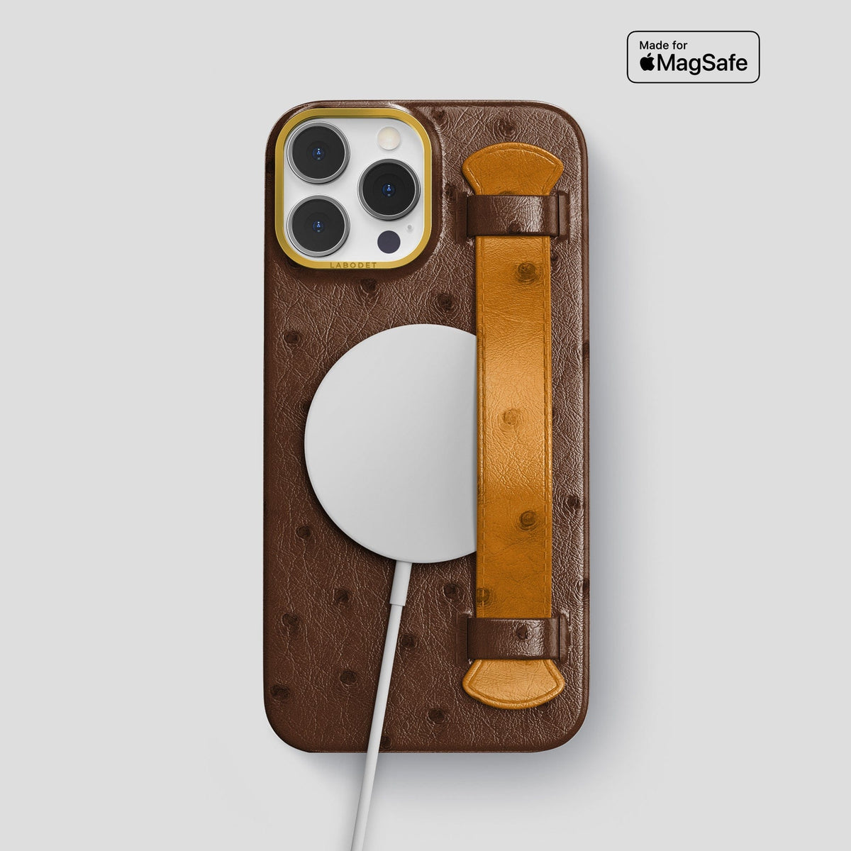 Chocolate-Chestnut iPhone 13 Pro Max Handle Case Colore Ostrich with Gold Metal -5 | Chocolate-Chestnut-Gold