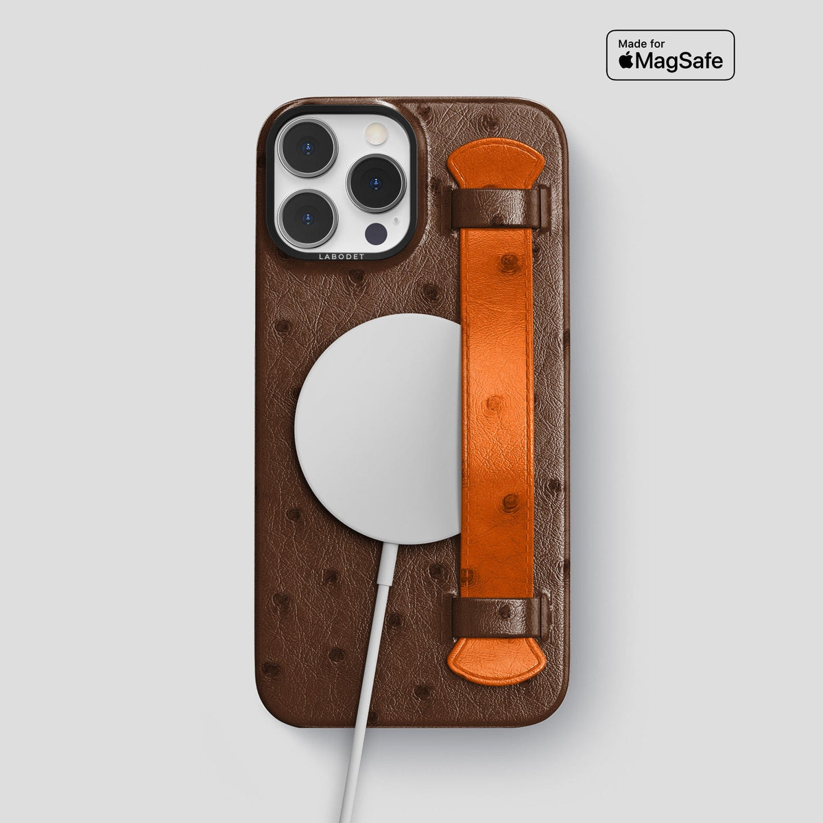 Chocolate-Medium-Brown iPhone 13 Pro Max Handle Case Colore Ostrich with Black Metal -5 | Chocolate-Medium-Brown-Black