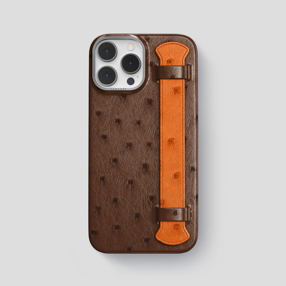 Chocolate-Medium-Brown iPhone 13 Pro Max Handle Case Colore Ostrich with Steel Metal -1 | Chocolate-Medium-Brown-Steel