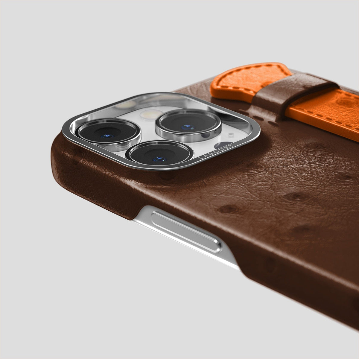 Chocolate-Medium-Brown iPhone 13 Pro Max Handle Case Colore Ostrich with Steel Metal -6 | Chocolate-Medium-Brown-Steel