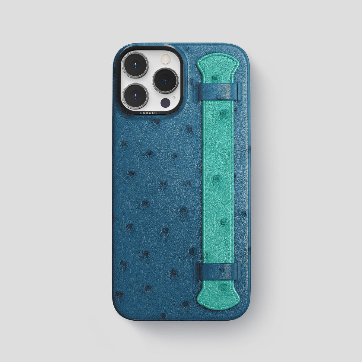 Blue-Jeans-Green iPhone 13 Pro Max Handle Case Colore Ostrich with Black Metal -1 | Blue-Jeans-Green-Black
