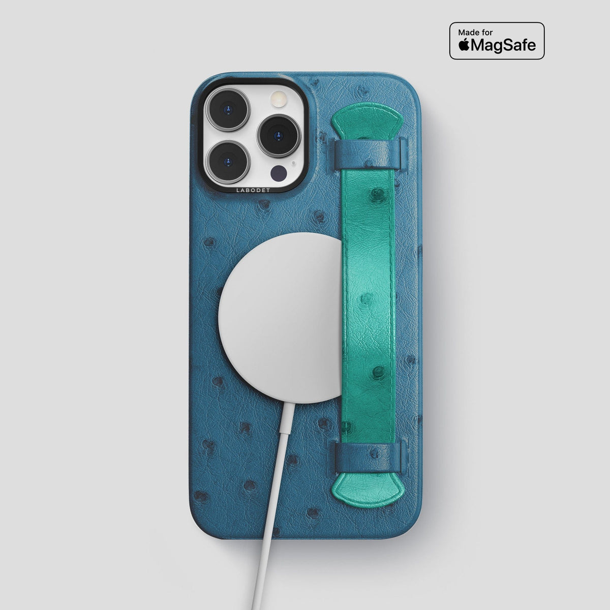 Blue-Jeans-Green iPhone 13 Pro Max Handle Case Colore Ostrich with Black Metal -5 | Blue-Jeans-Green-Black