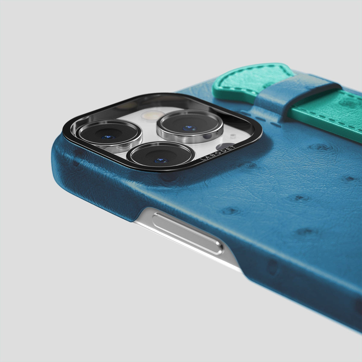 Blue-Jeans-Green iPhone 13 Pro Max Handle Case Colore Ostrich with Black Metal -6 | Blue-Jeans-Green-Black