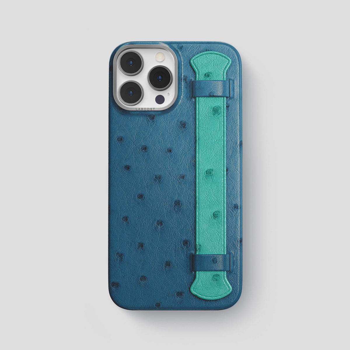 Blue-Jeans-Green iPhone 13 Pro Max Handle Case Colore Ostrich with Steel Metal -1 | Blue-Jeans-Green-Steel