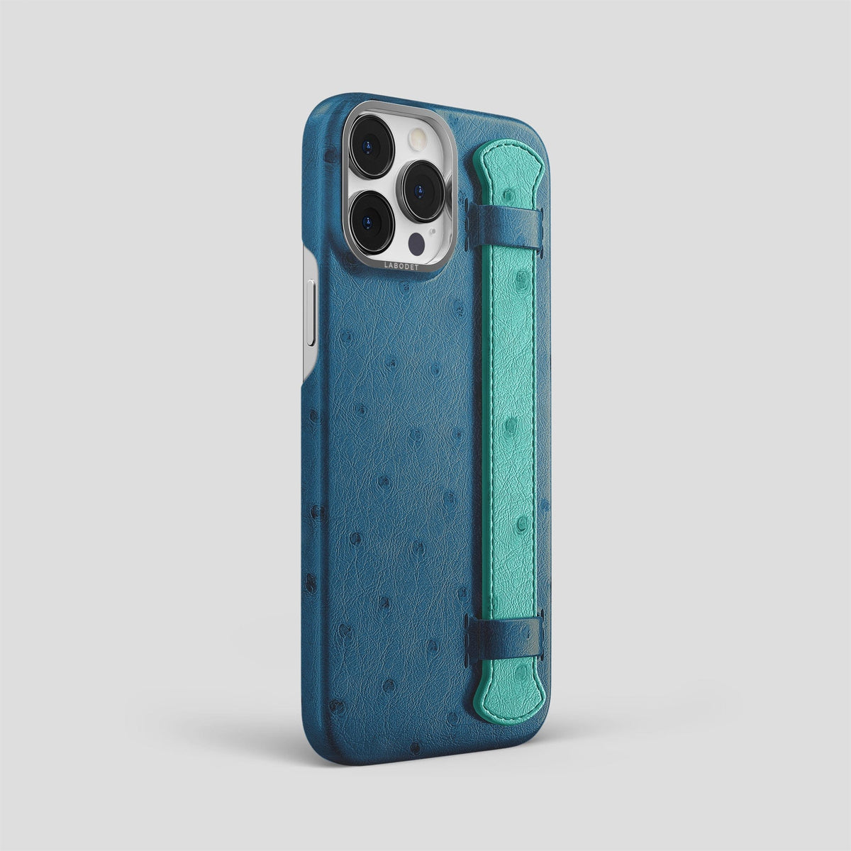 Blue-Jeans-Green iPhone 13 Pro Max Handle Case Colore Ostrich with Steel Metal -2 | Blue-Jeans-Green-Steel