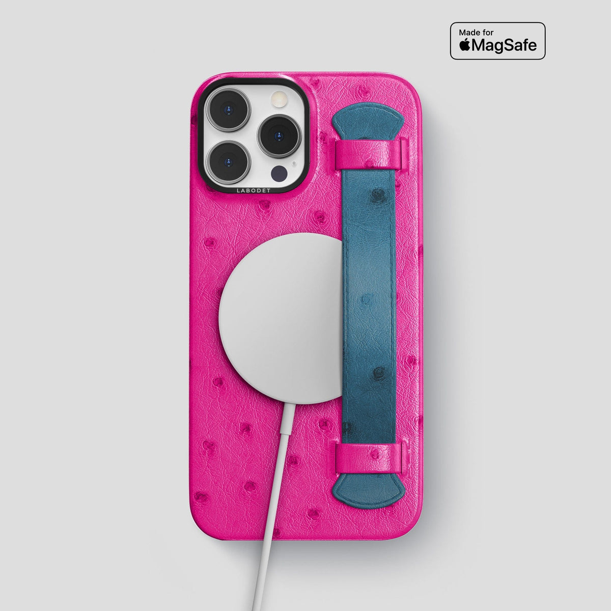 Fuchsia-Blue-Jeans iPhone 13 Pro Max Handle Case Colore Ostrich with Black Metal -5 | Fuchsia-Blue-Jeans-Black