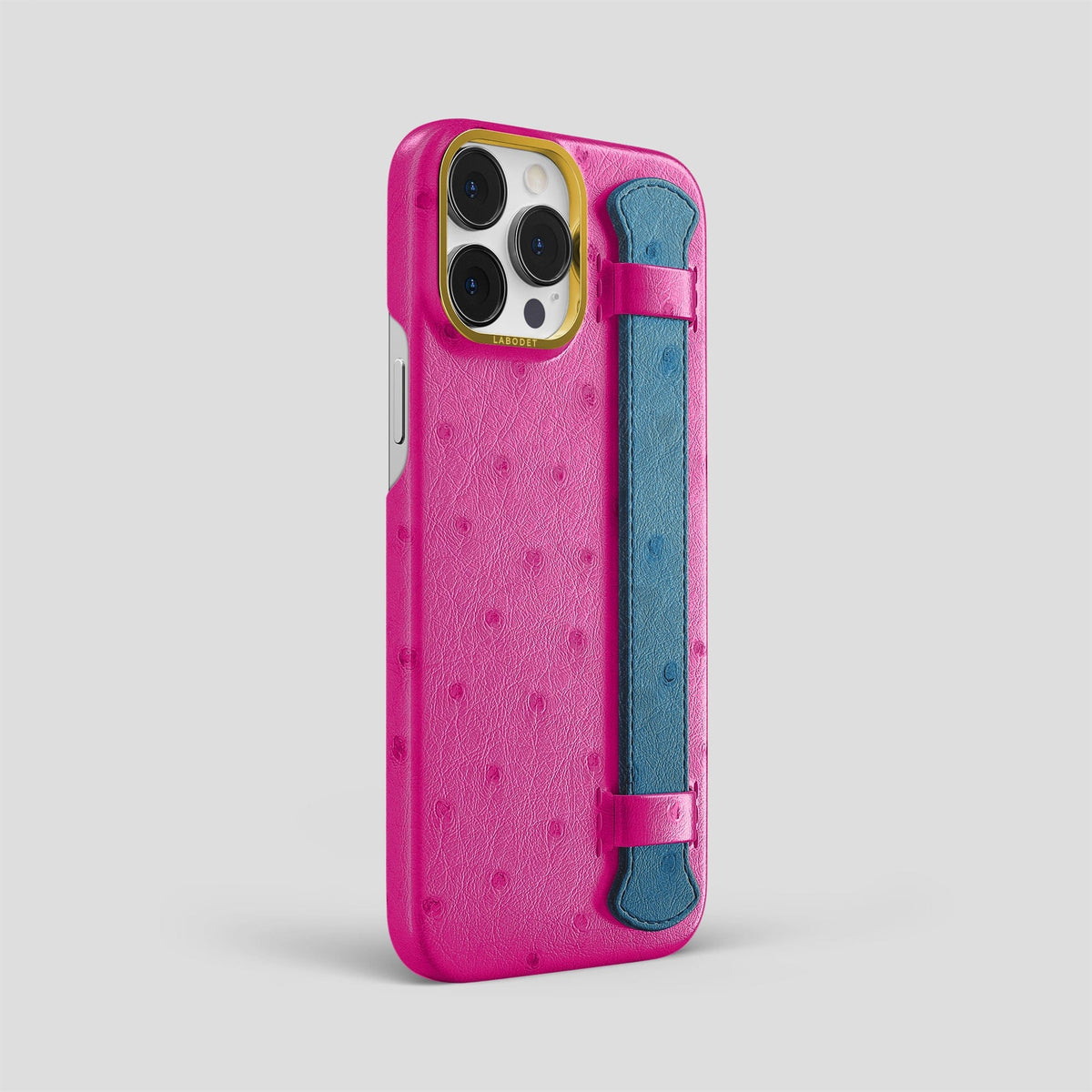 Fuchsia-Blue-Jeans iPhone 13 Pro Max Handle Case Colore Ostrich with Gold Metal -2 | Fuchsia-Blue-Jeans-Gold