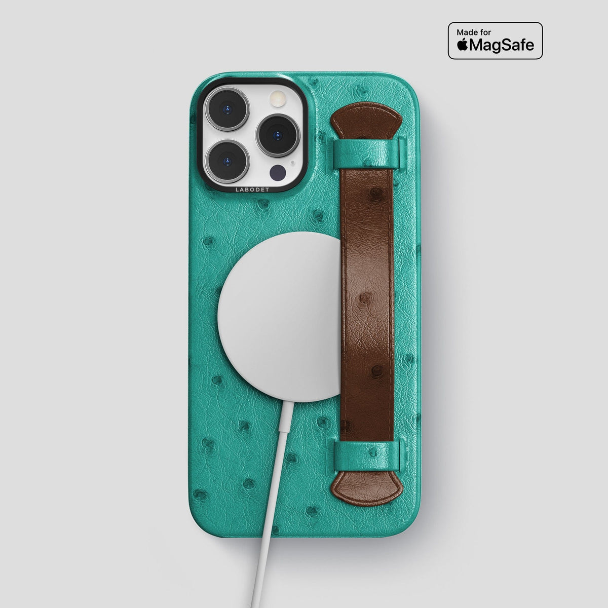 Green-Chocolate iPhone 13 Pro Max Handle Case Colore Ostrich with Black Metal -5 | Green-Chocolate-Black