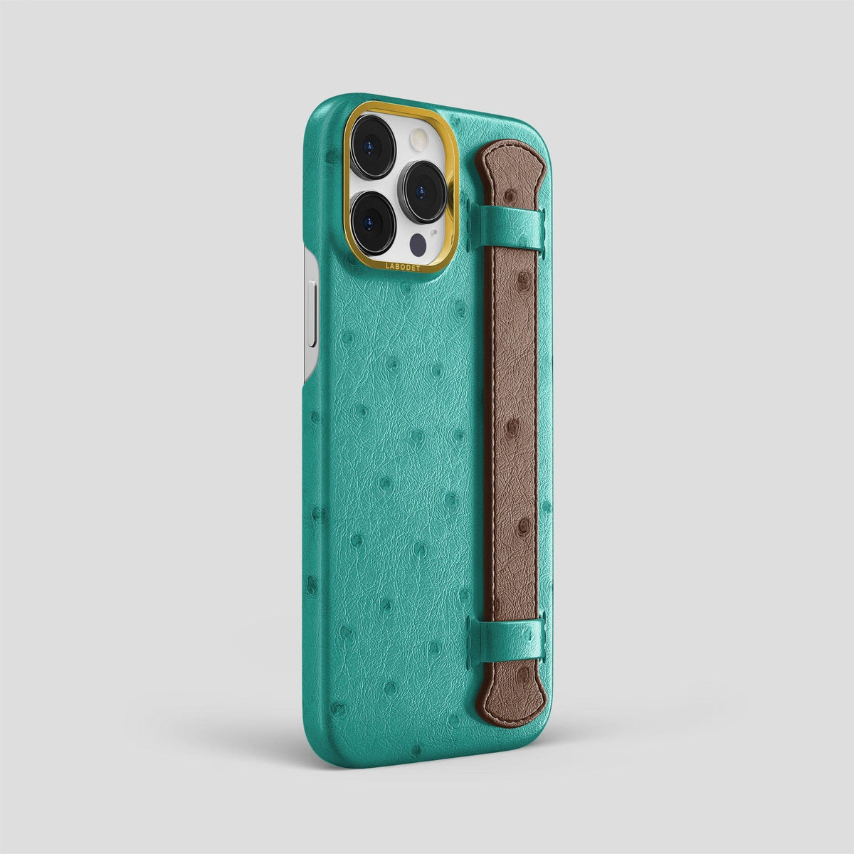 Green-Chocolate iPhone 13 Pro Max Handle Case Colore Ostrich with Gold Metal -2 | Green-Chocolate-Gold