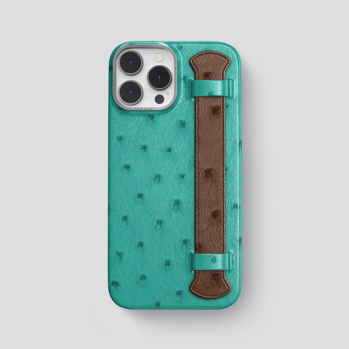 Green-Chocolate iPhone 13 Pro Max Handle Case Colore Ostrich with Steel Metal -1 | Green-Chocolate-Steel