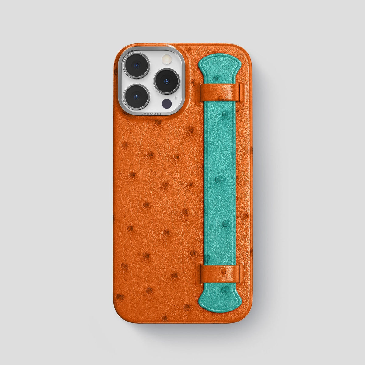 Medium-Brown-Green iPhone 13 Pro Max Handle Case Colore Ostrich with Steel Metal -1 | Medium-Brown-Green-Steel