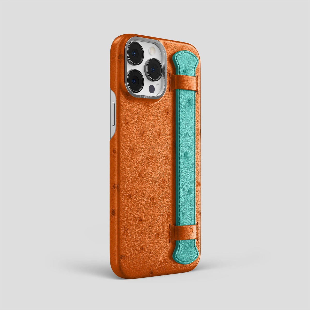 Medium-Brown-Green iPhone 13 Pro Max Handle Case Colore Ostrich with Steel Metal -2 | Medium-Brown-Green-Steel