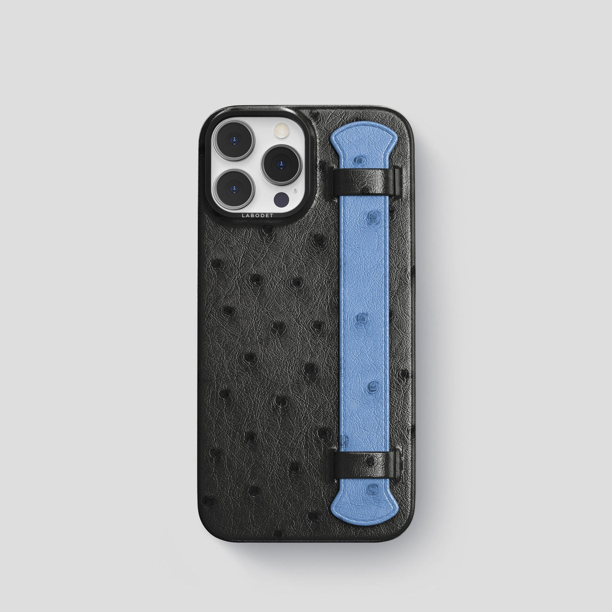 Black-Navy-Blue iPhone 13 Pro Handle Case Colore Ostrich with Black Metal -1 | Black-Navy-Blue-Black