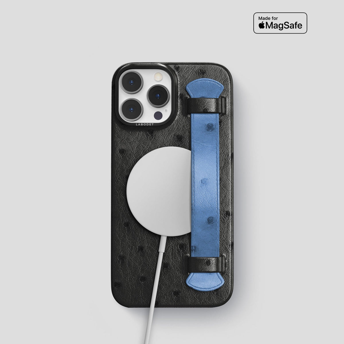 Black-Navy-Blue iPhone 13 Pro Handle Case Colore Ostrich with Black Metal -5 | Black-Navy-Blue-Black