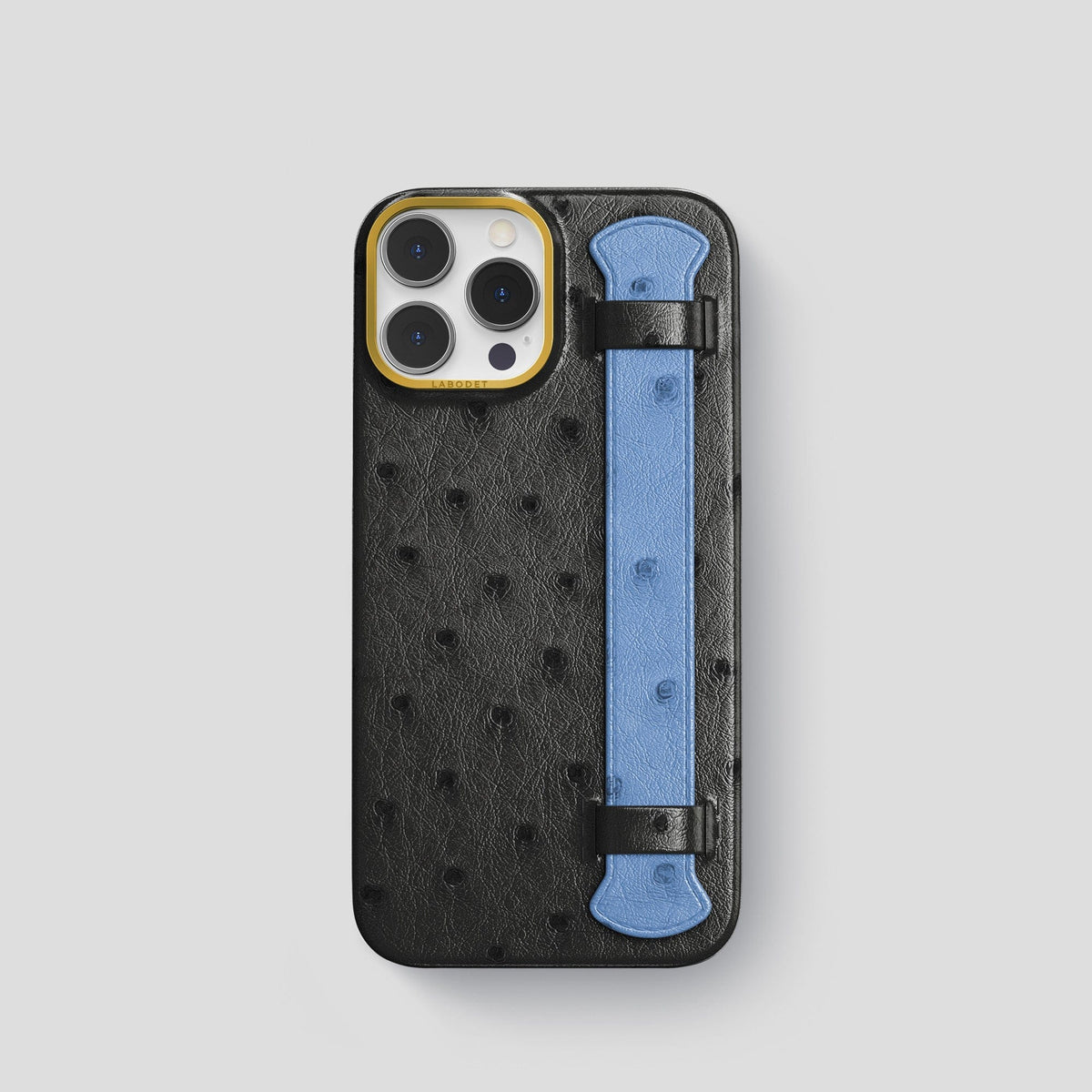 Black-Navy-Blue iPhone 13 Pro Handle Case Colore Ostrich with Gold Metal -1 | Black-Navy-Blue-Gold