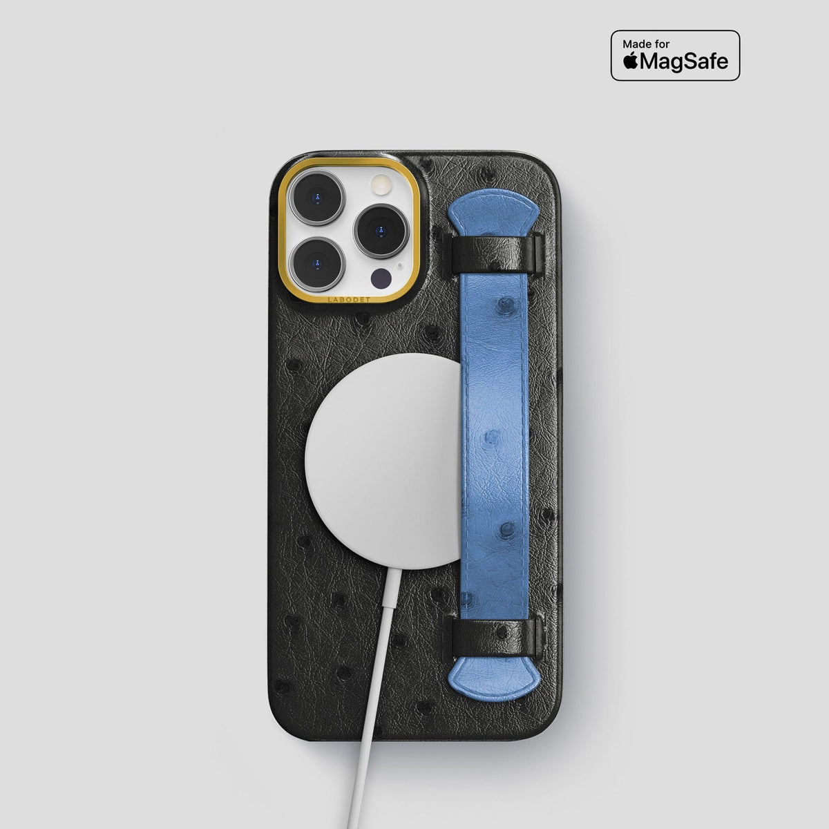 Black-Navy-Blue iPhone 13 Pro Handle Case Colore Ostrich with Gold Metal -5 | Black-Navy-Blue-Gold