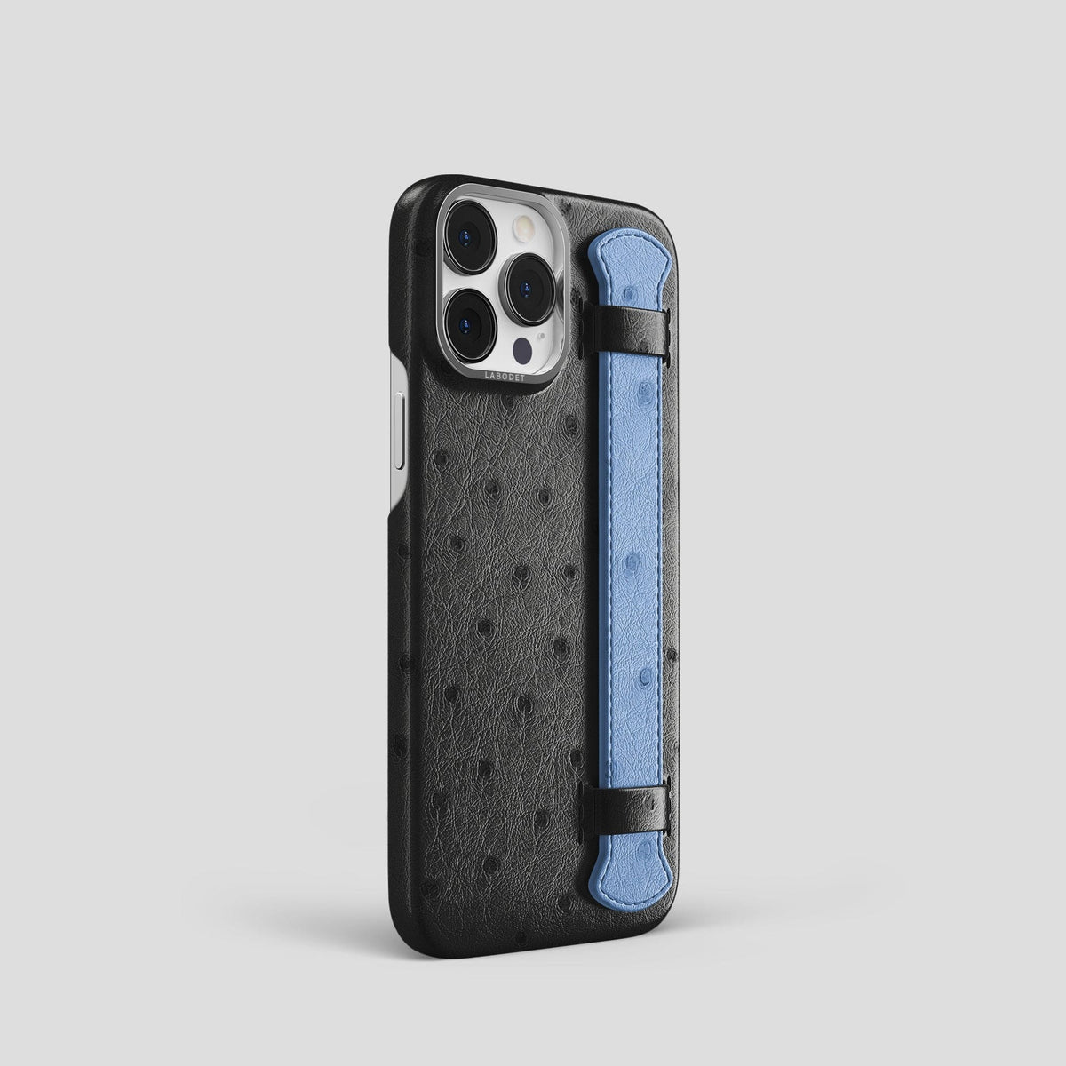 Black-Navy-Blue iPhone 13 Pro Handle Case Colore Ostrich with Steel Metal -2 | Black-Navy-Blue-Steel