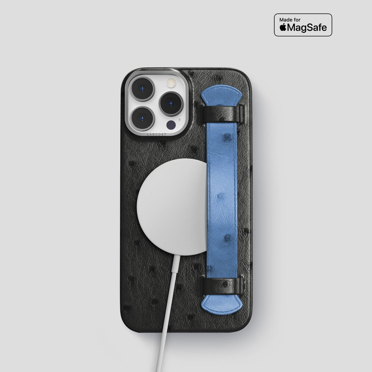 Black-Navy-Blue iPhone 13 Pro Handle Case Colore Ostrich with Steel Metal -5 | Black-Navy-Blue-Steel