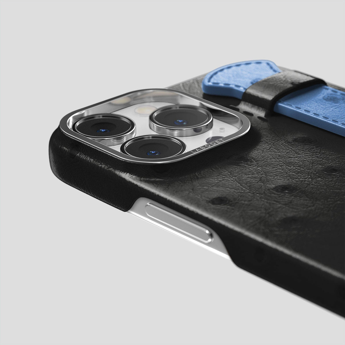 Black-Navy-Blue iPhone 13 Pro Handle Case Colore Ostrich with Steel Metal -6 | Black-Navy-Blue-Steel