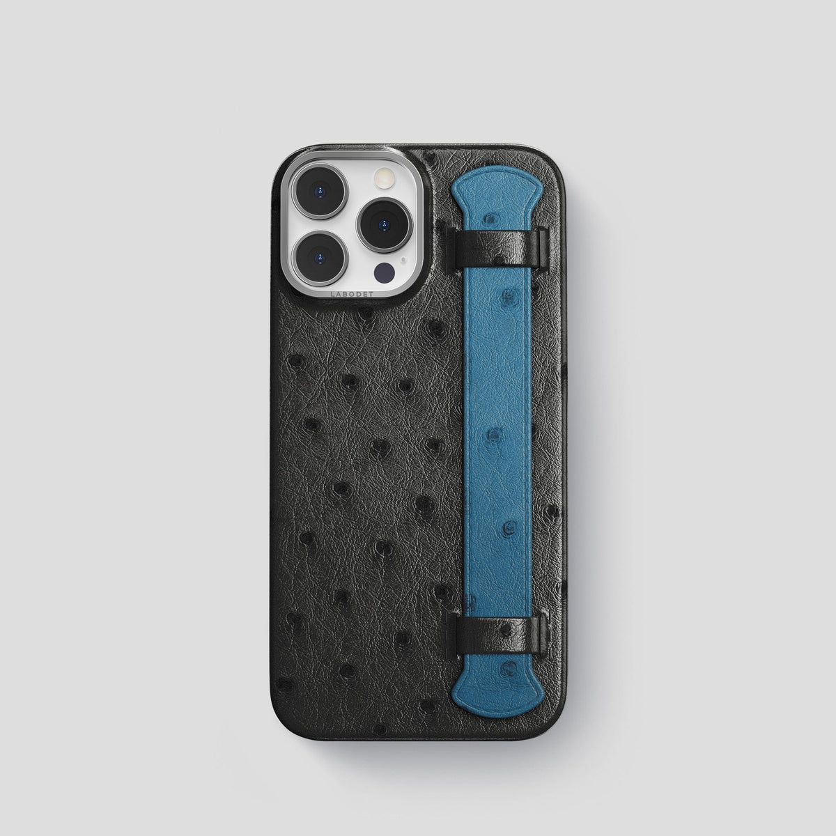Black-Blue-Jeans iPhone 13 Pro Handle Case Colore Ostrich with Steel Metal -1 | Black-Blue-Jeans-Steel