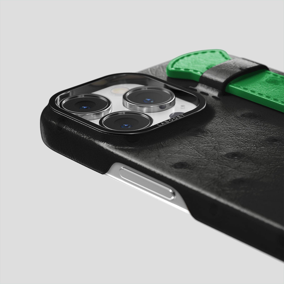 Black-Kentucky-Green iPhone 13 Pro Handle Case Colore Ostrich with Black Metal -6 | Black-Kentucky-Green-Black