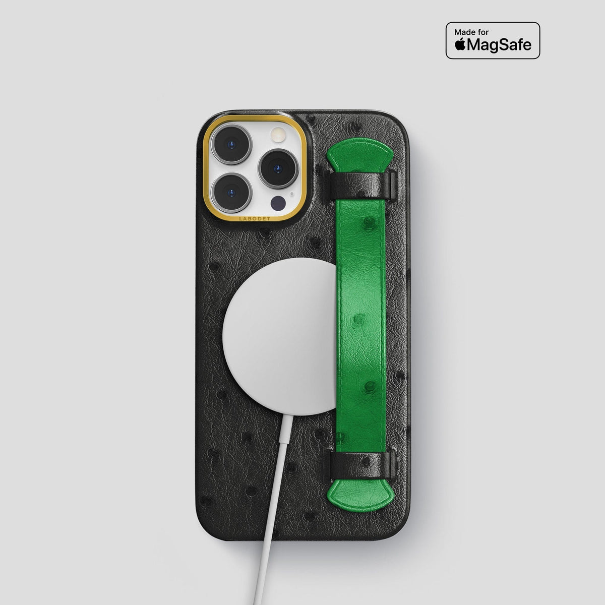Black-Kentucky-Green iPhone 13 Pro Handle Case Colore Ostrich with Gold Metal -5 | Black-Kentucky-Green-Gold
