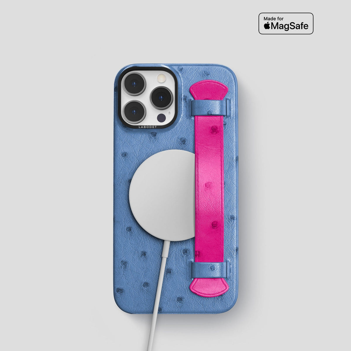 Navy-Blue-Fuchsia iPhone 13 Pro Handle Case Colore Ostrich with Black Metal -5 | Navy-Blue-Fuchsia-Black