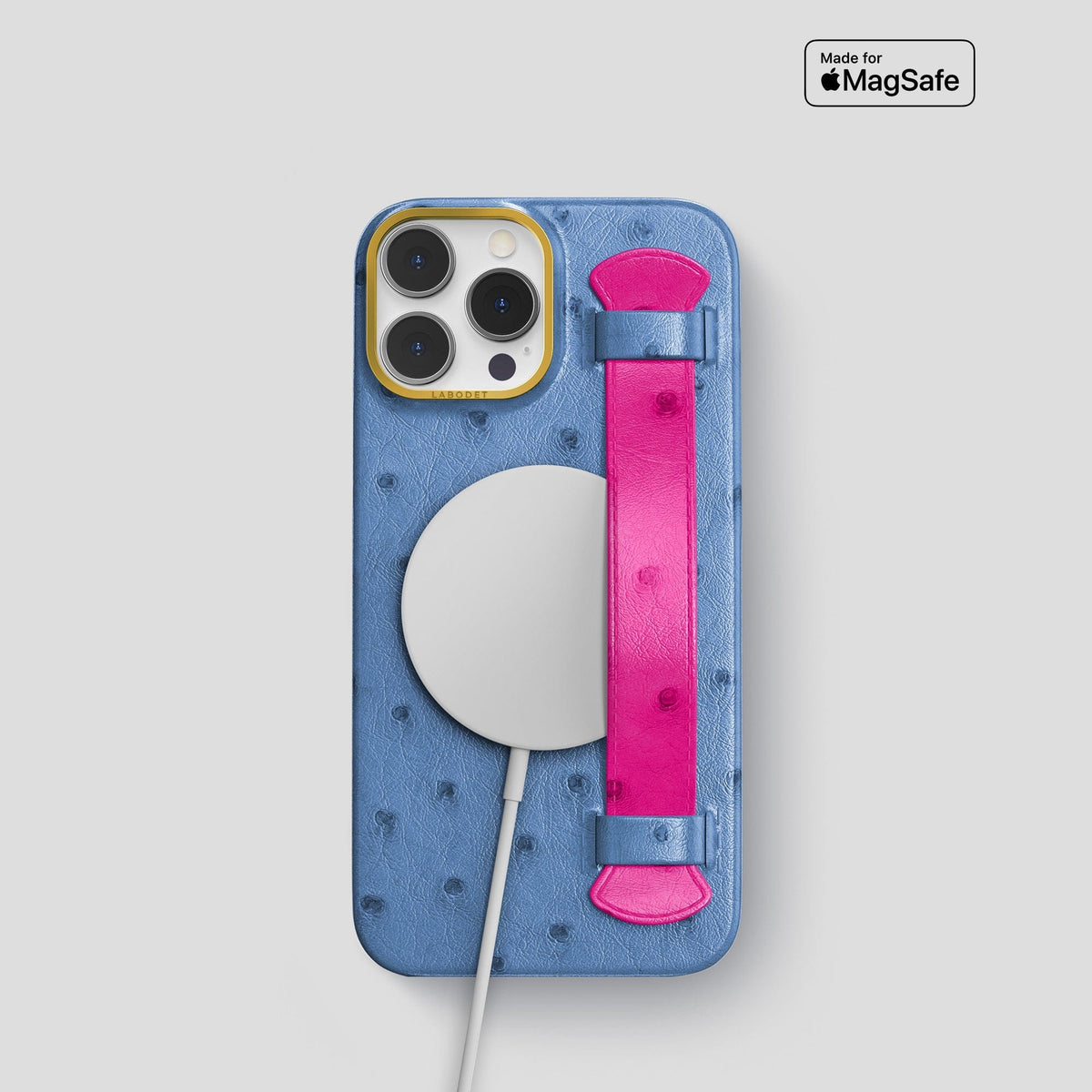 Navy-Blue-Fuchsia iPhone 13 Pro Handle Case Colore Ostrich with Gold Metal -5 | Navy-Blue-Fuchsia-Gold