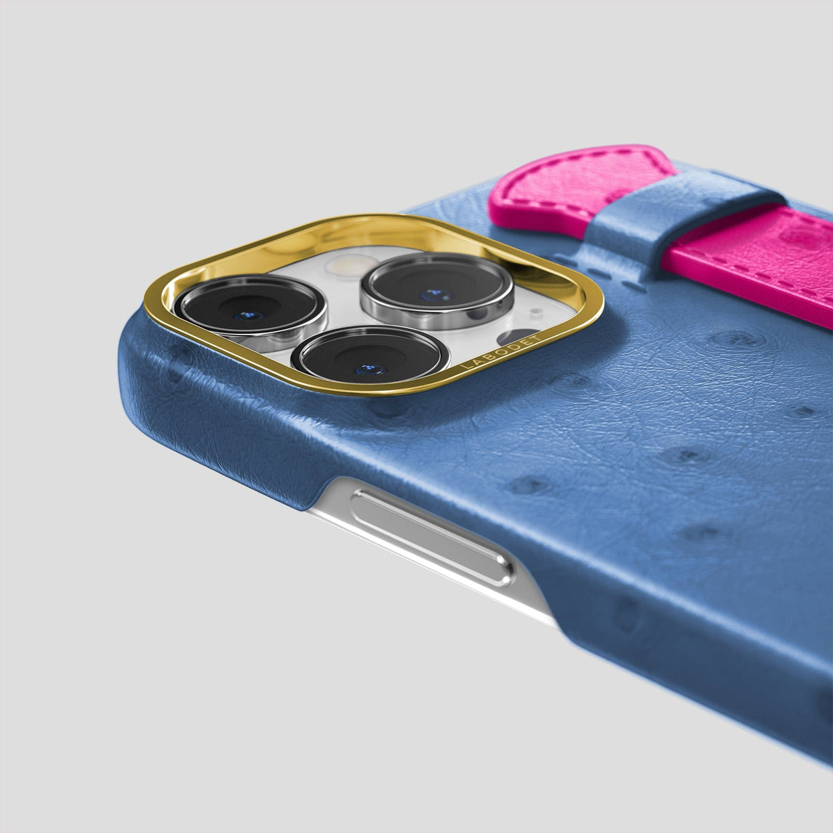 Navy-Blue-Fuchsia iPhone 13 Pro Handle Case Colore Ostrich with Gold Metal -6 | Navy-Blue-Fuchsia-Gold