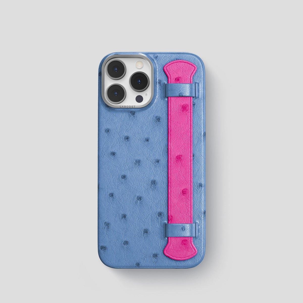Navy-Blue-Fuchsia iPhone 13 Pro Handle Case Colore Ostrich with Steel Metal -1 | Navy-Blue-Fuchsia-Steel