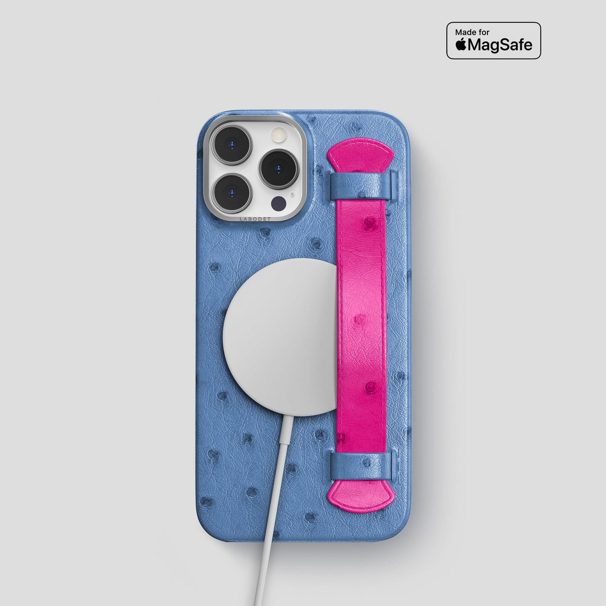 Navy-Blue-Fuchsia iPhone 13 Pro Handle Case Colore Ostrich with Steel Metal -5 | Navy-Blue-Fuchsia-Steel