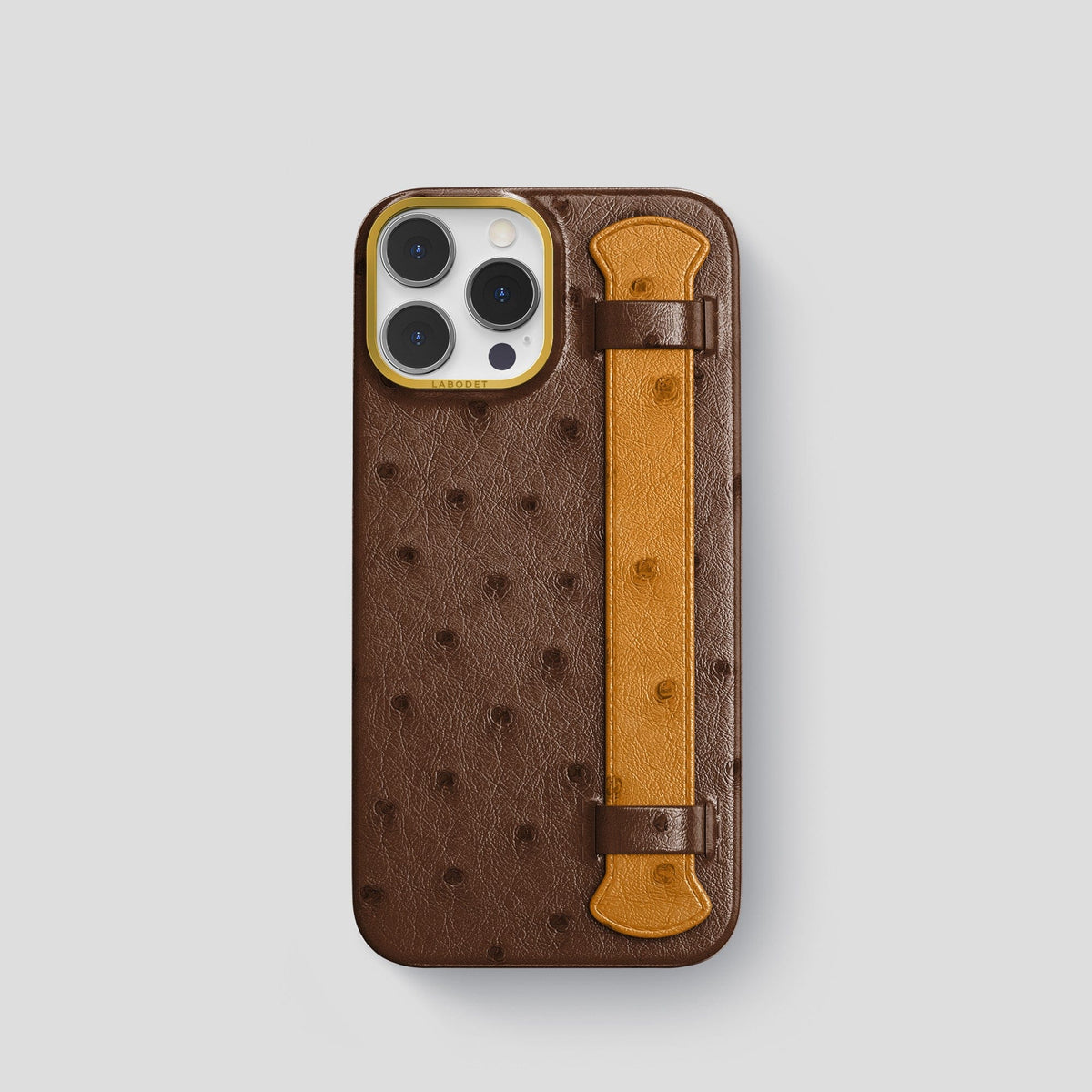 Chocolate-Chestnut iPhone 13 Pro Handle Case Colore Ostrich with Gold Metal -1 | Chocolate-Chestnut-Gold