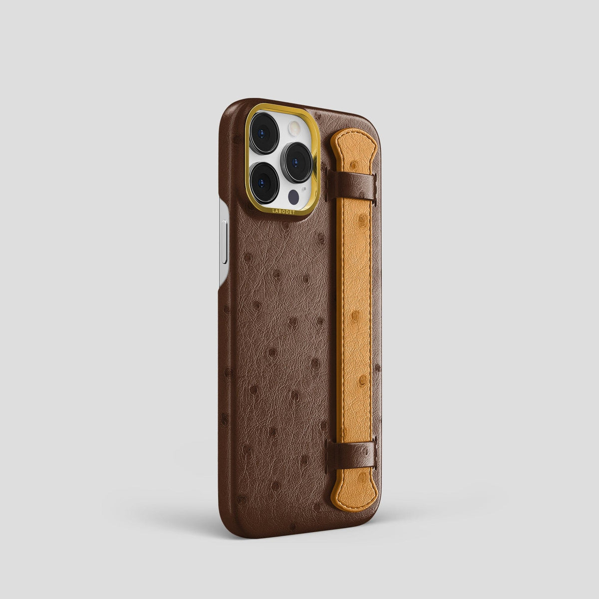 Chocolate-Chestnut iPhone 13 Pro Handle Case Colore Ostrich with Gold Metal -2 | Chocolate-Chestnut-Gold