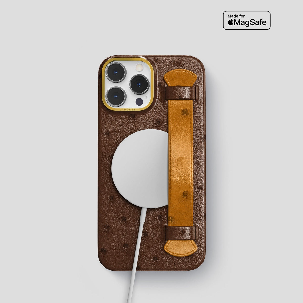 Chocolate-Chestnut iPhone 13 Pro Handle Case Colore Ostrich with Gold Metal -5 | Chocolate-Chestnut-Gold