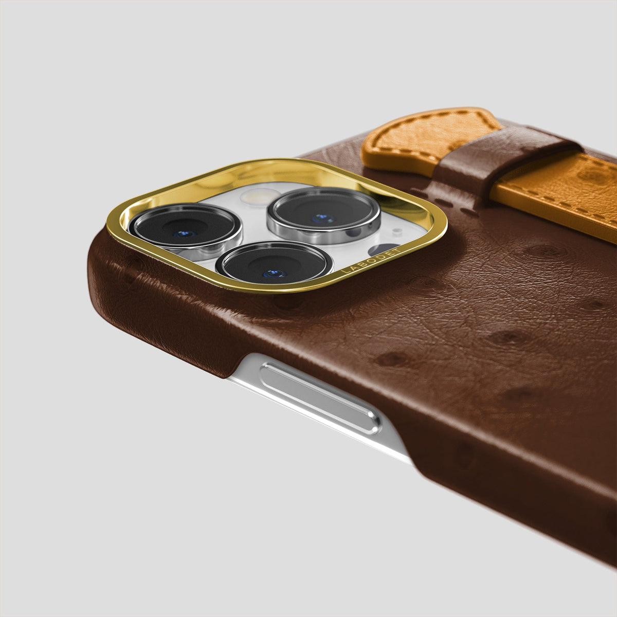Chocolate-Chestnut iPhone 13 Pro Handle Case Colore Ostrich with Gold Metal -6 | Chocolate-Chestnut-Gold