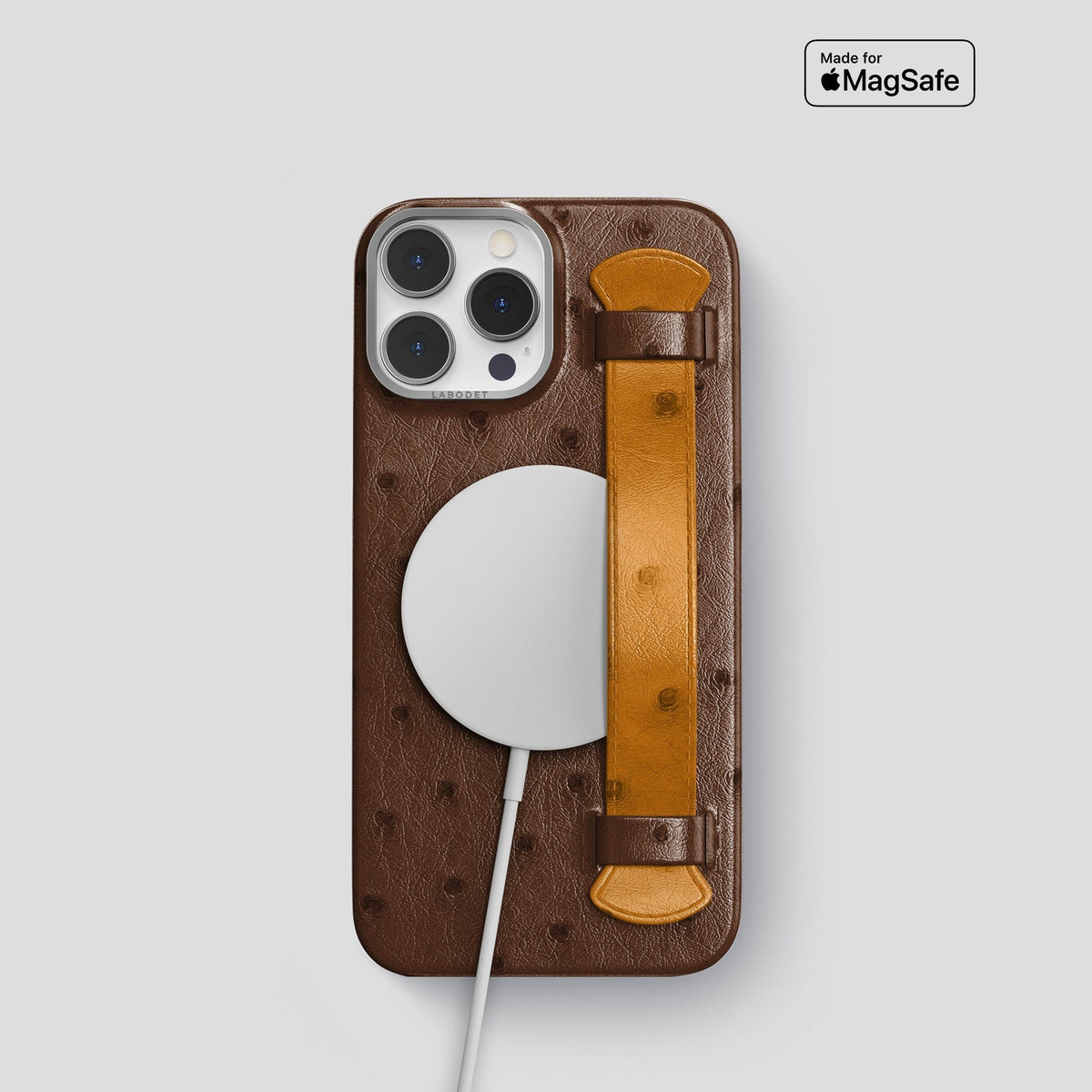 Chocolate-Chestnut iPhone 13 Pro Handle Case Colore Ostrich with Steel Metal -5 | Chocolate-Chestnut-Steel