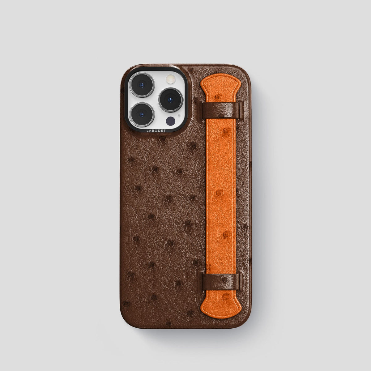 Chocolate-Medium-Brown iPhone 13 Pro Handle Case Colore Ostrich with Black Metal -1 | Chocolate-Medium-Brown-Black