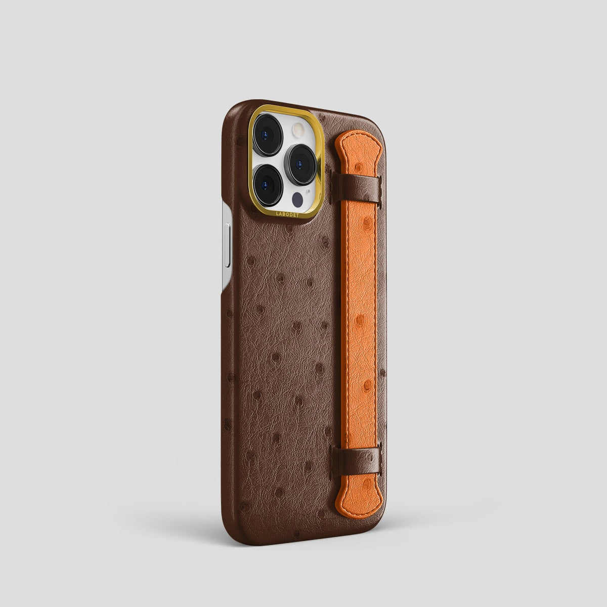 Chocolate-Medium-Brown iPhone 13 Pro Handle Case Colore Ostrich with Gold Metal -2 | Chocolate-Medium-Brown-Gold