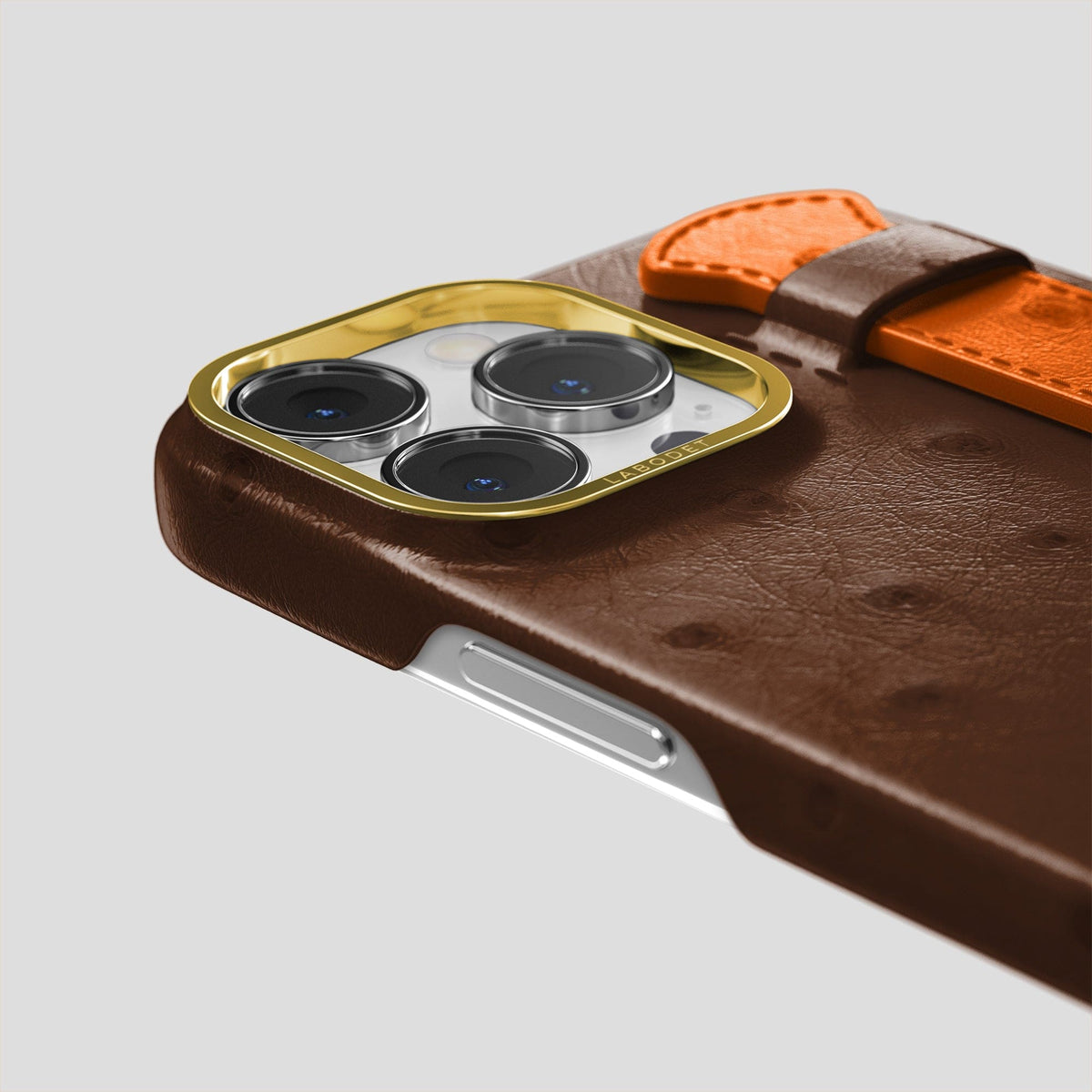 Chocolate-Medium-Brown iPhone 13 Pro Handle Case Colore Ostrich with Gold Metal -6 | Chocolate-Medium-Brown-Gold
